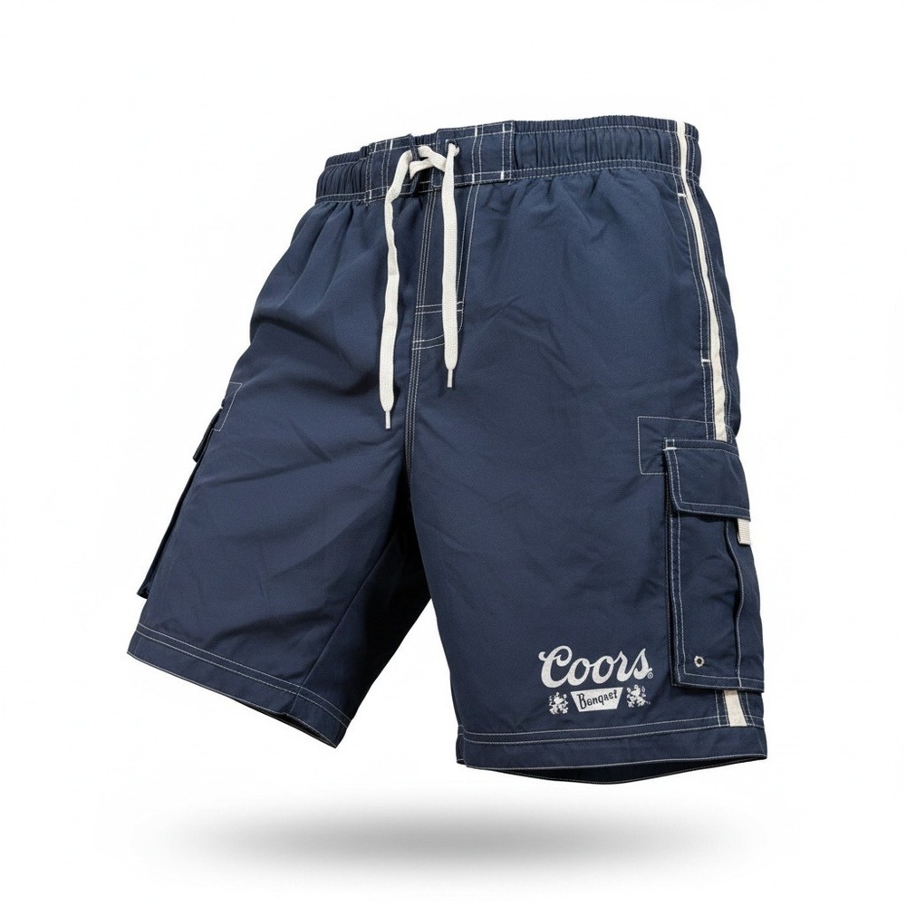 Coors Banquet Beer Navy Blue Cargo Swim Trunks Mesh Lined Board Shorts Medium